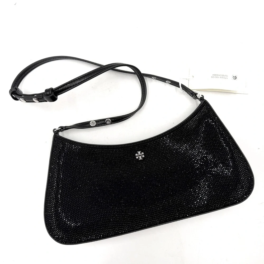 Tory Burch Emerson Crystal Embellished Shoulder Bag Black Leather Rhinestone